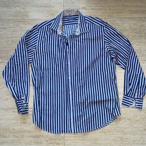 ROBERT‎ GRAHAM Shirt Blue Striped Paisley Flip Cuffs L/XL 17